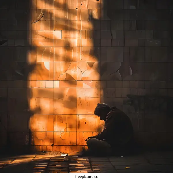 Man Sitting On The Sidewalk With Backlight