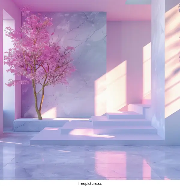 Pink Marble Room with Blossom Tree and White Stairs