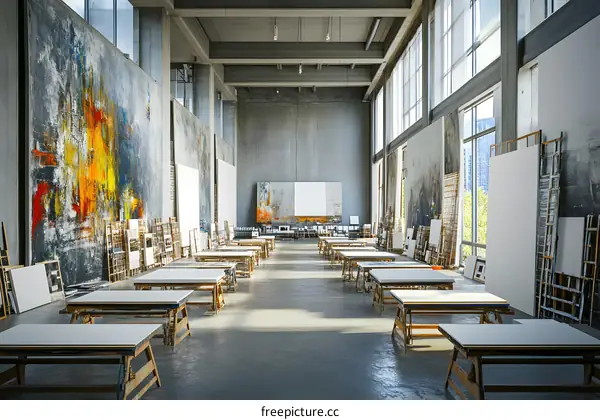 Modern Art Studio Interior with Empty Canvases