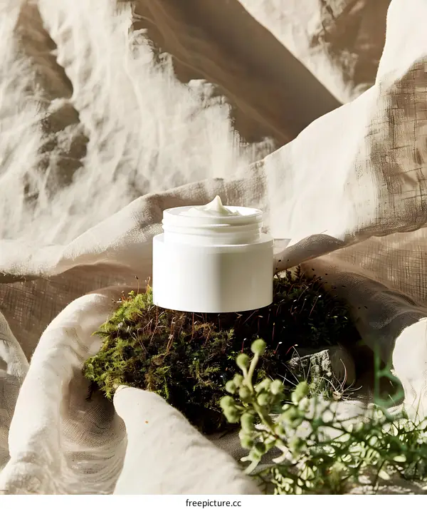 White Cream Jar On Moss And Linen Fabric