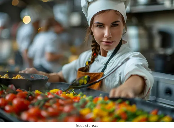 Smiling Young Female Chef Cooking in Kitchen