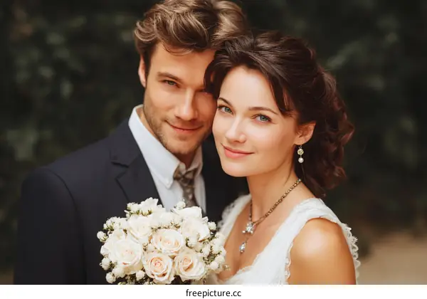 Couple in Wedding Attire Holding Bouquet