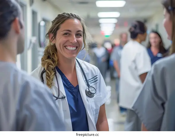 Confident female doctor with colleagues in hospital hallway