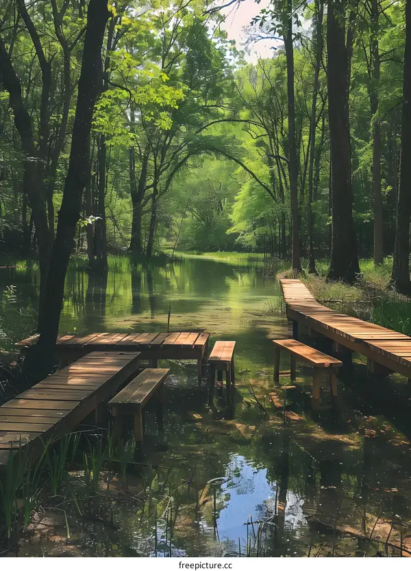 Wooden walkway through a lush green forest