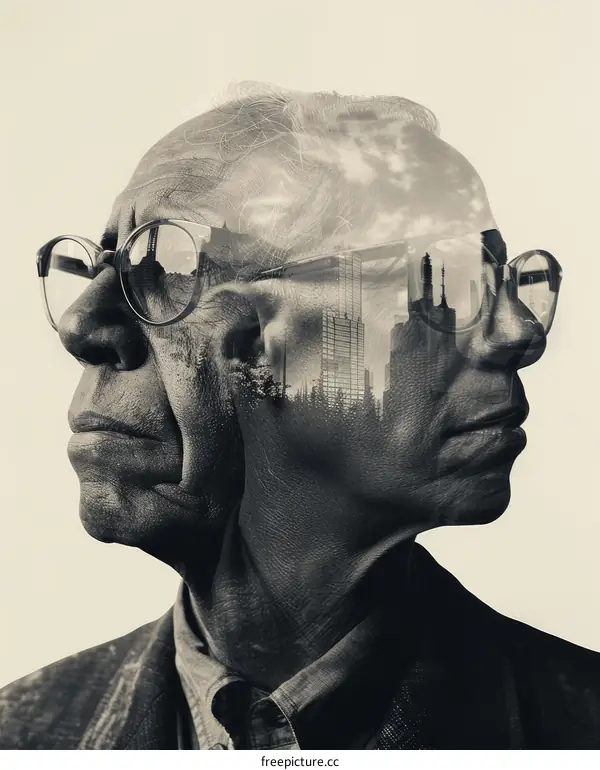 Black and White Portrait of a Thoughtful Old Man in Glasses with Cityscape