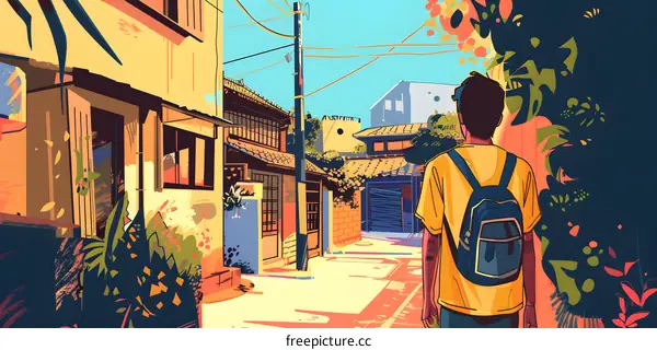 A Young Man Walking Through A Japanese Alleyway