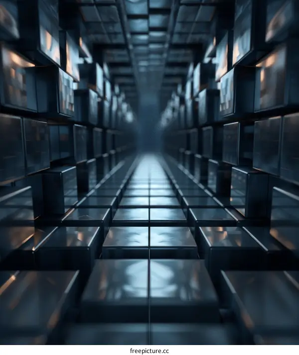 Futuristic Sci-Fi Dark Blue Metallic Reflective Cubes Tunnel