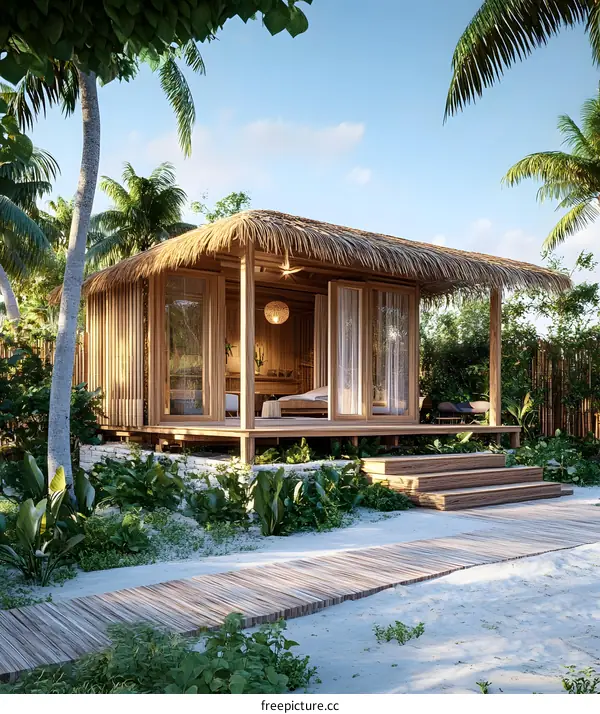 Tropical Bamboo Beach House with Wooden Deck and Palm Trees