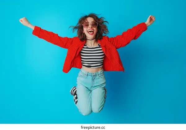 Jumping Woman in Fashionable Outfit Against a Blue Background