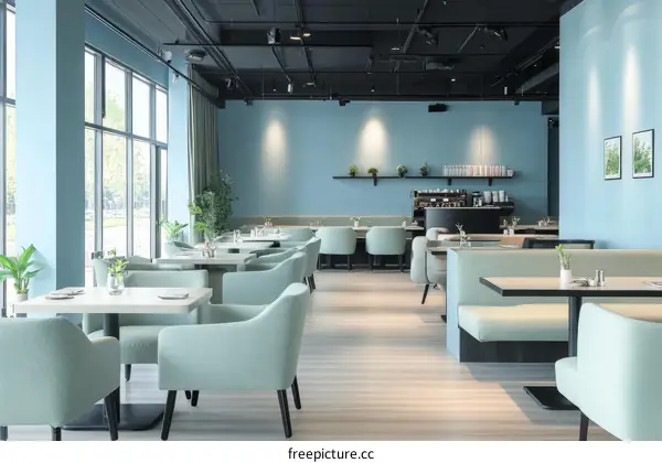 Modern Cafe Interior Design with Mint Green Accents