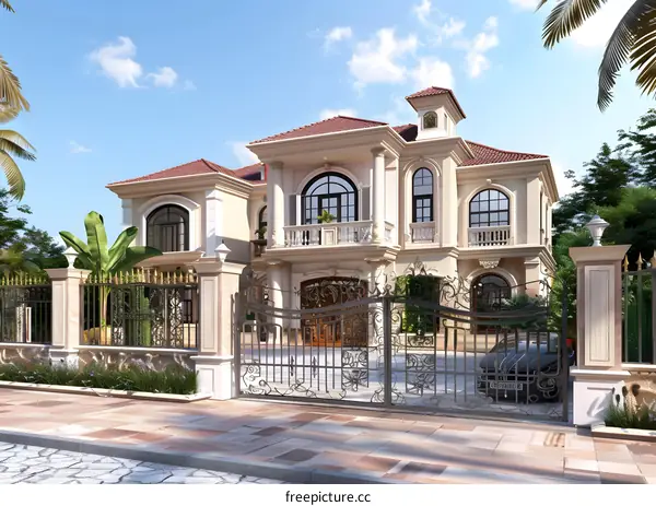 Luxury Home with Ornate Gate and Palm Trees