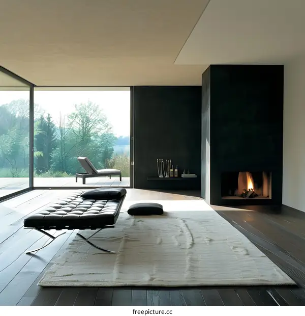 Modern Minimalist Living Room with Fireplace and View