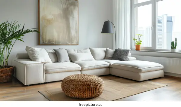 Bright airy living room with large windows and comfy sofa