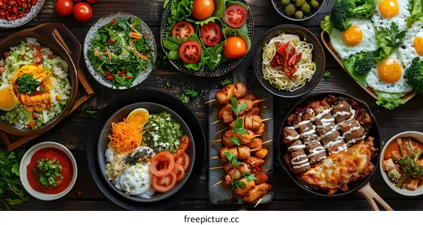 Delicious Food Dishes Arranged on Wooden Table