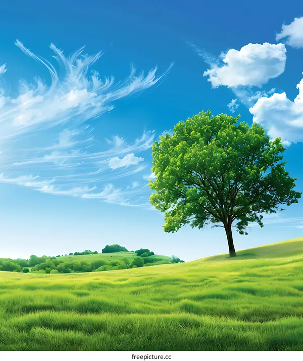 Green Meadow Landscape With Lone Tree and Blue Sky