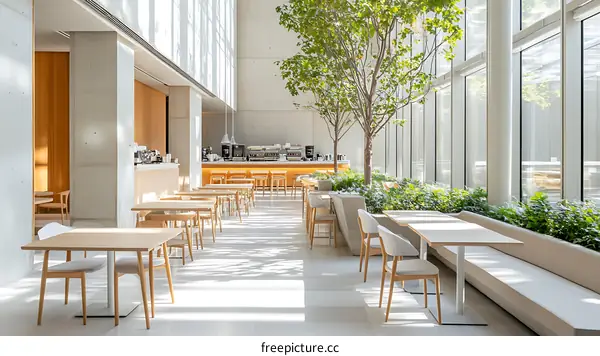 Modern Minimalist Interior Design of a Cafe with Wooden Furniture and Large Windows