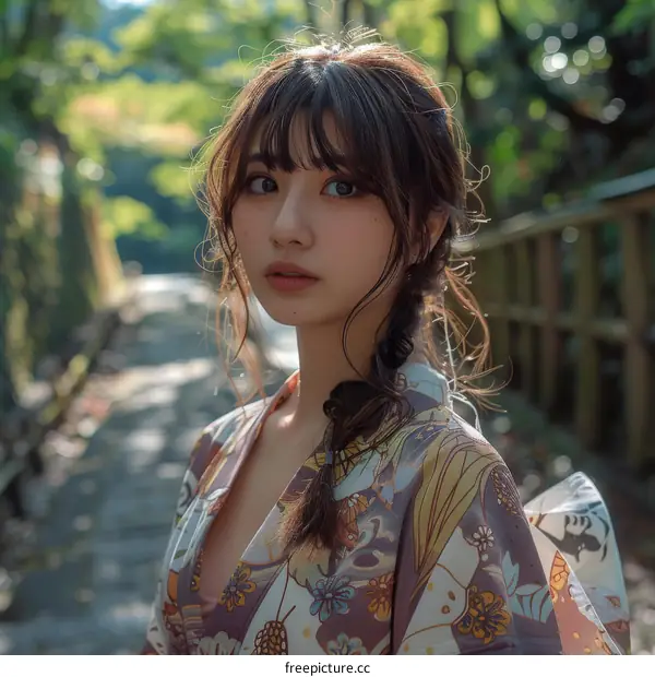 Asian Woman in Traditional Japanese Kimono Outdoors