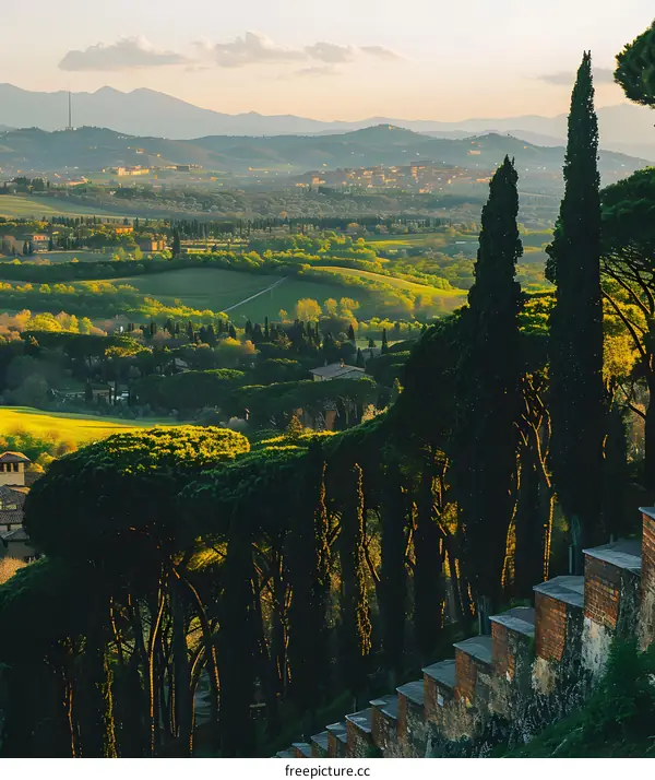 Tuscan Landscape with Cypress Trees and Stone Steps