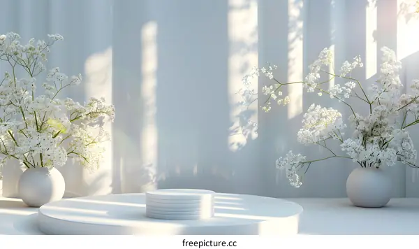 White Flower and Cylindrical Podium on Geometric Background