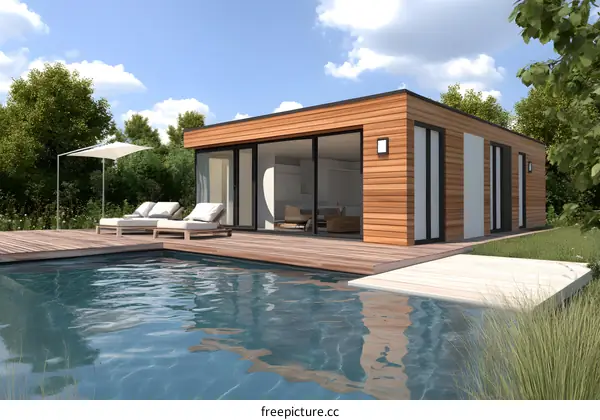 Modern Wooden House with Swimming Pool and Deck