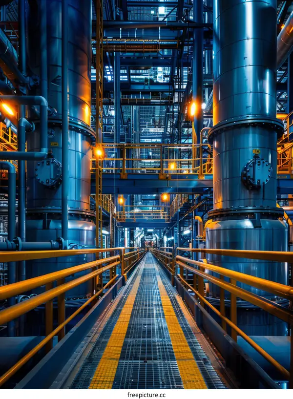 The blue industrial interior of a factory with yellow walkways and pipes