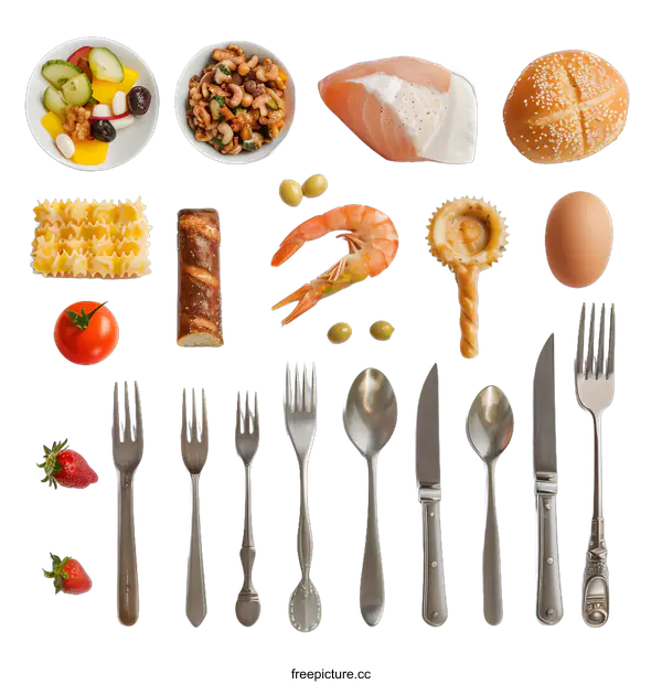 [Transparent Background PNG]Food Composition with Silverware on White Background