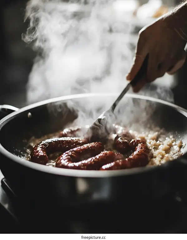 Cooking Sausages in a Pan with Steam Rising