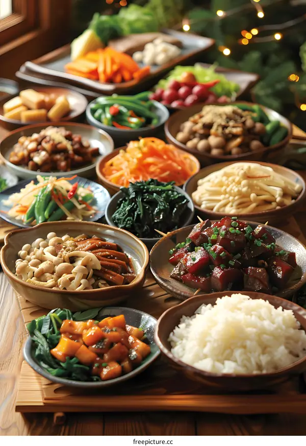 Delicious Asian Cuisine Table Setting with a Variety of Dishes