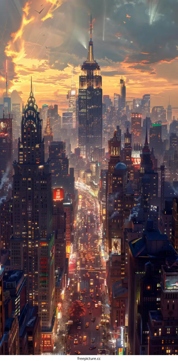 A birds eye view of a street in midtown New York City