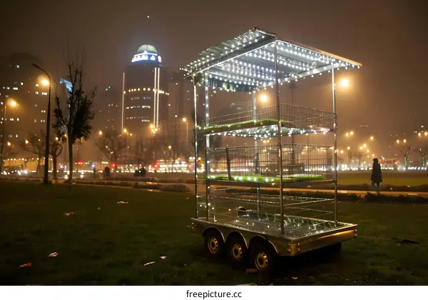Night Cityscape With Illuminated Cart and Person Walking