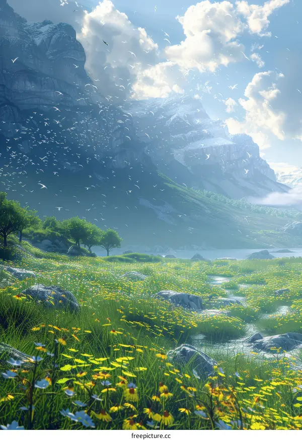 Birds Soaring Over Majestic Mountain Landscape