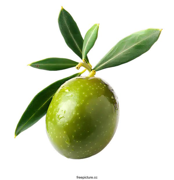 [Transparent Background PNG]Single green olive with leaves