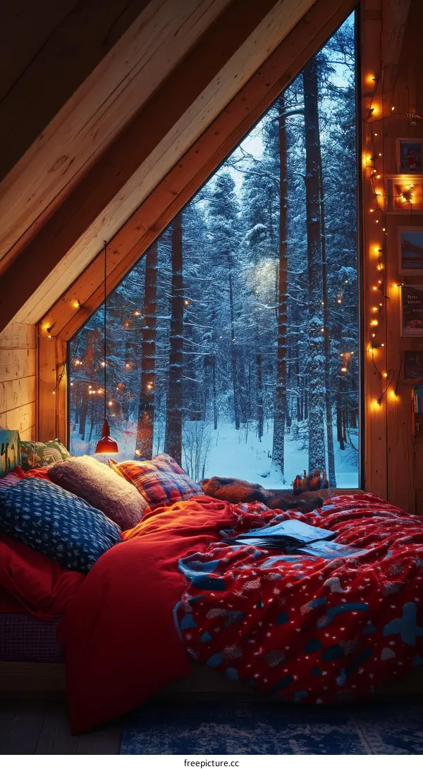 Cozy Winter Cabin Bedroom with Snowy Forest View
