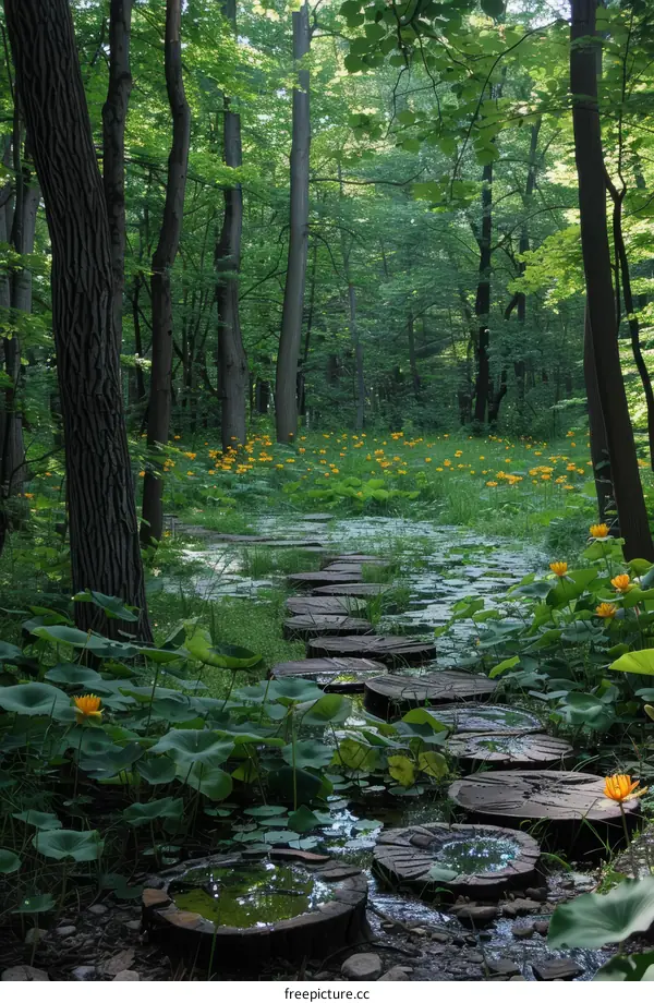 Tranquil Forest Path with Stepping Stones