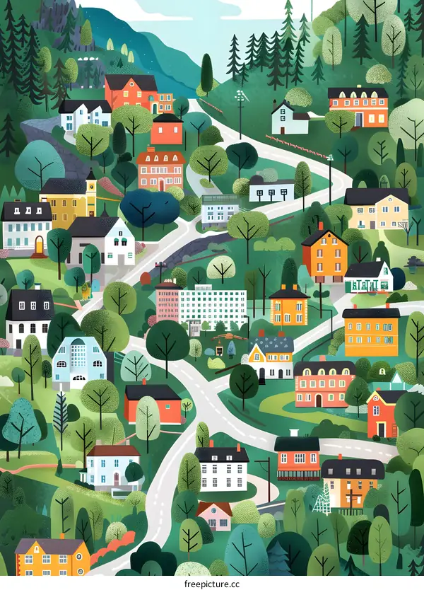 Colorful Illustration of a Small Town in the Mountains