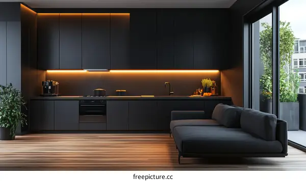 Modern Minimalist Dark Kitchen Living Room Design