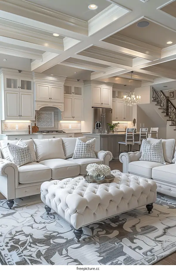 Living room with white furniture and gray patterned rug