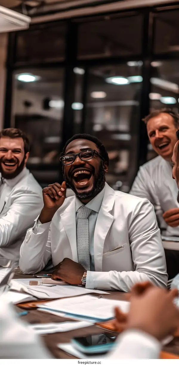 African American Doctor Laughing with Colleagues in Meeting