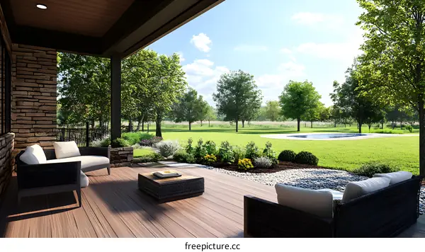 Modern House Back Yard with Patio and Swimming Pool