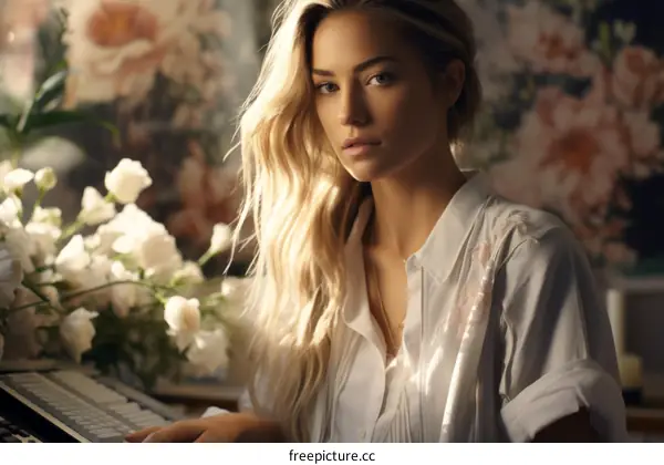 Portrait of a beautiful young woman with long blond hair sitting in front of a floral background