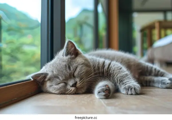A sleepy kitten next to a window