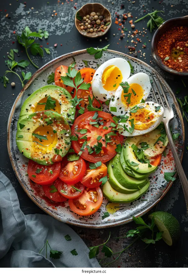 Delicious avocado and tomato salad with boiled egg and parsley