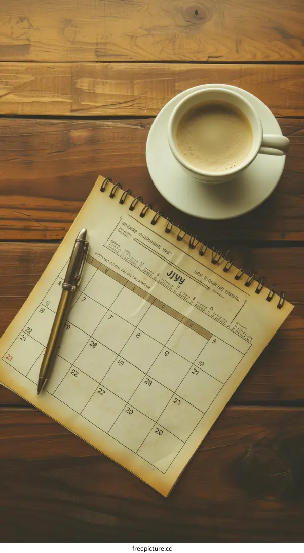 Vintage photo of a desk calendar and a cup of coffee