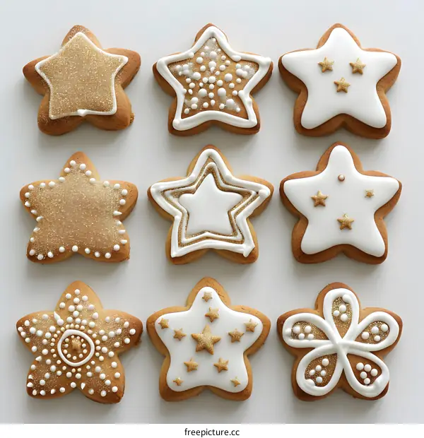Nine Christmas Star Cookies on White Background
