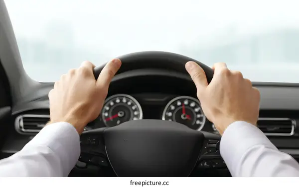 Driving Hands on Steering Wheel in a Car Interior