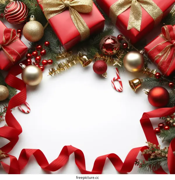 Red and gold Christmas ornaments and gifts on white background