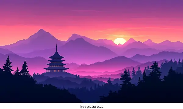 Sunrise over Mountain Landscape with Pagoda