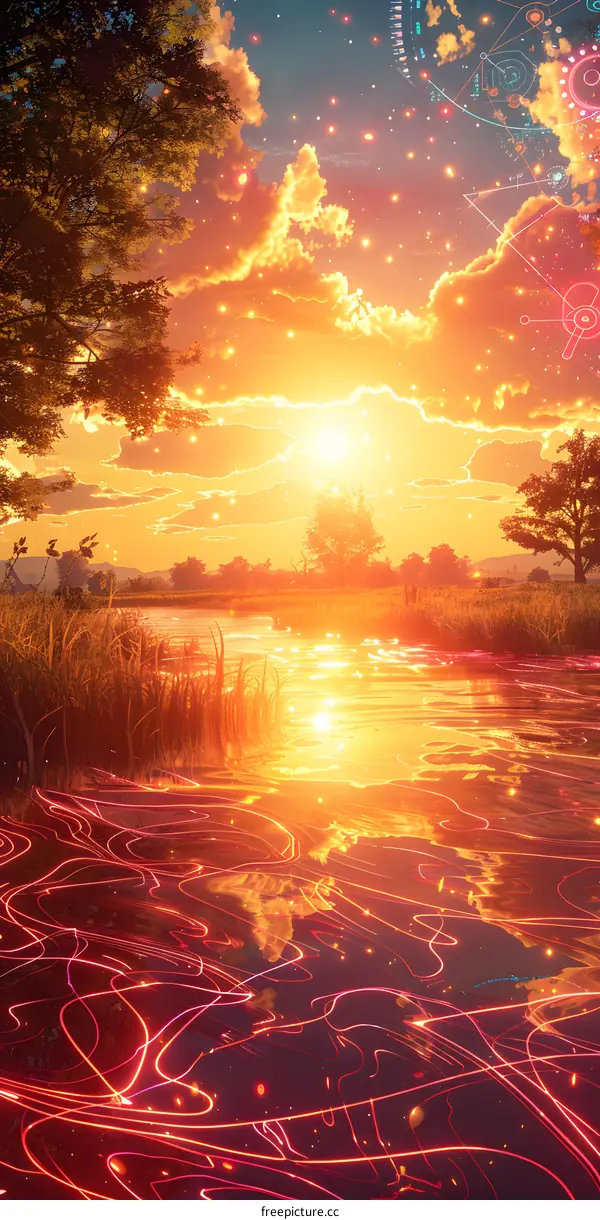 The setting sun shines on the river and the grass