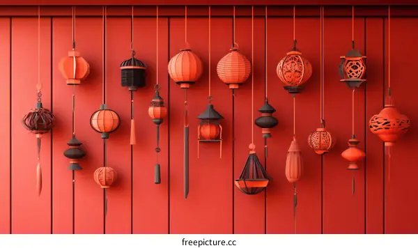 Colorful Chinese Paper Lanterns Hanging on a Red Wall
