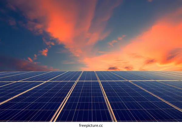 A large solar farm under a setting sun